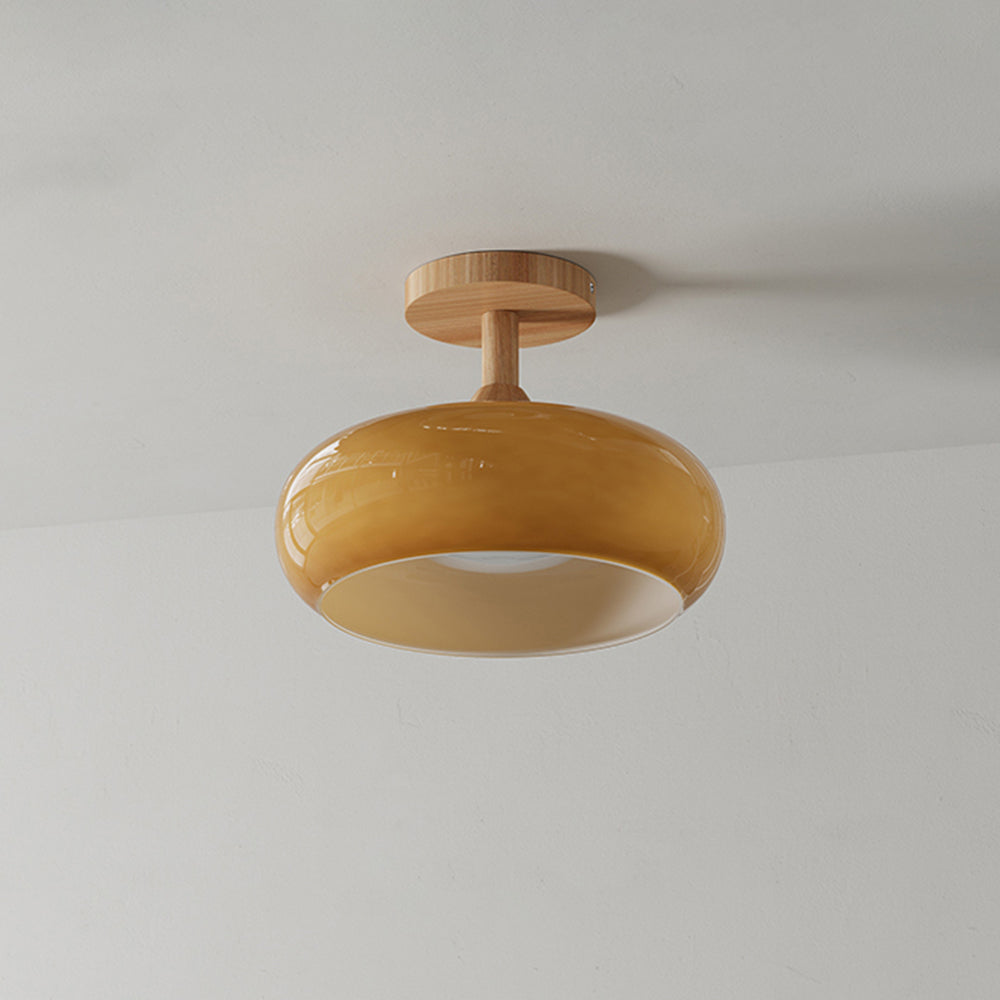 Flush Mount Ceiling Light Cup Minimalist Wood/Glass White/Orange
