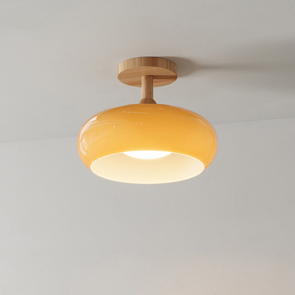 Flush Mount Ceiling Light Cup Minimalist Wood/Glass White/Orange