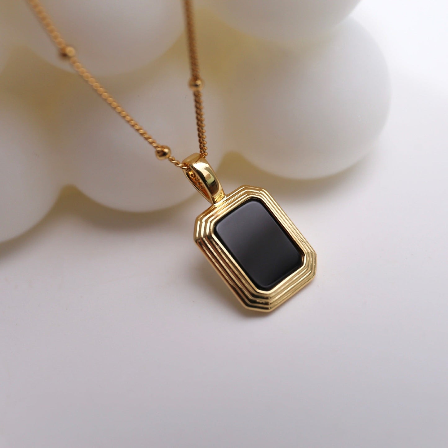 Square Reversible Pendant Necklace, 925 Silver, 18k Gold Plated,Black Onyx And White Mother-Of-Pearl