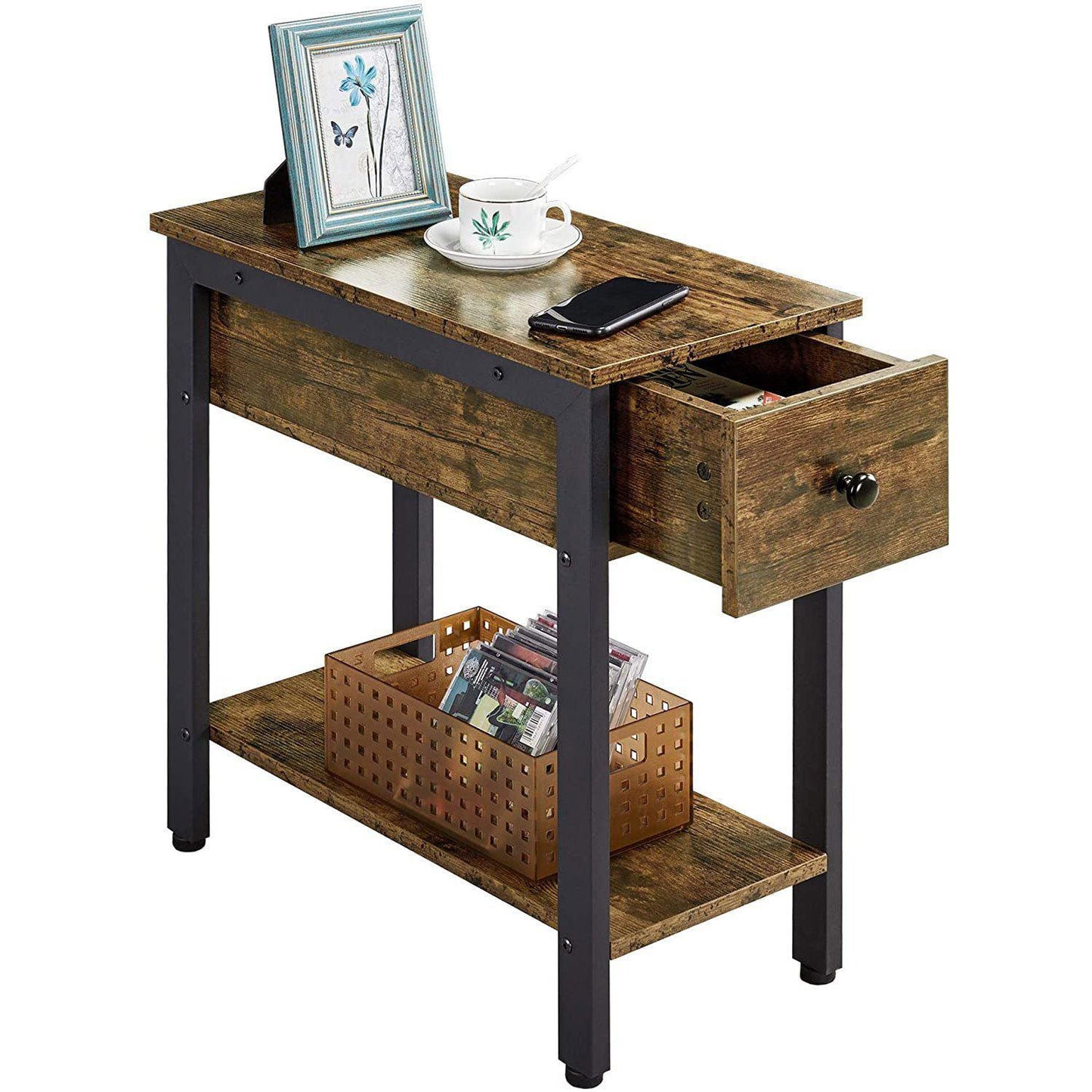 Rustic Wooden End Table with Drawer and Storage – Small Side Table