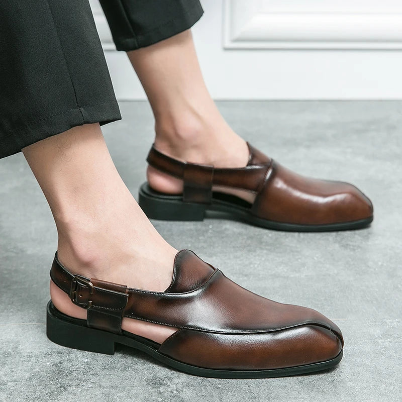 Men's Hollow-Out Leather Slip-On Sandals